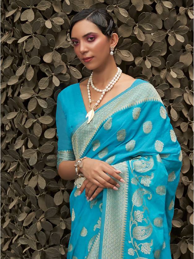 Sky Blue Elegant Silk Blend Banarasi Saree with Unstitched Blouse Piece