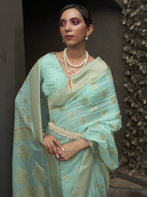 Sky Blue Elegant Silk Blend Banarasi Saree with Unstitched Blouse Piece