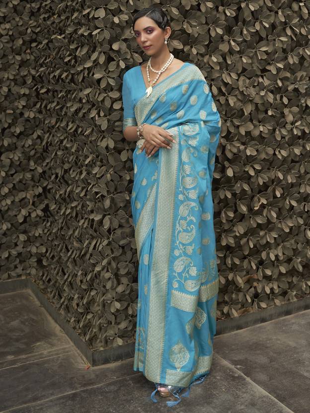 Sky Blue Elegant Silk Blend Banarasi Saree with Unstitched Blouse Piece
