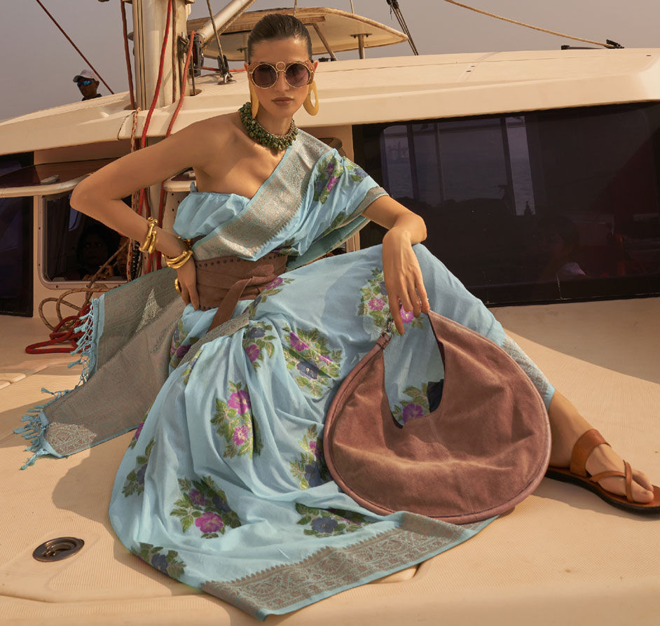 Sky Blue Elegant Silk Blend Mysore Saree with Tassel Detailing