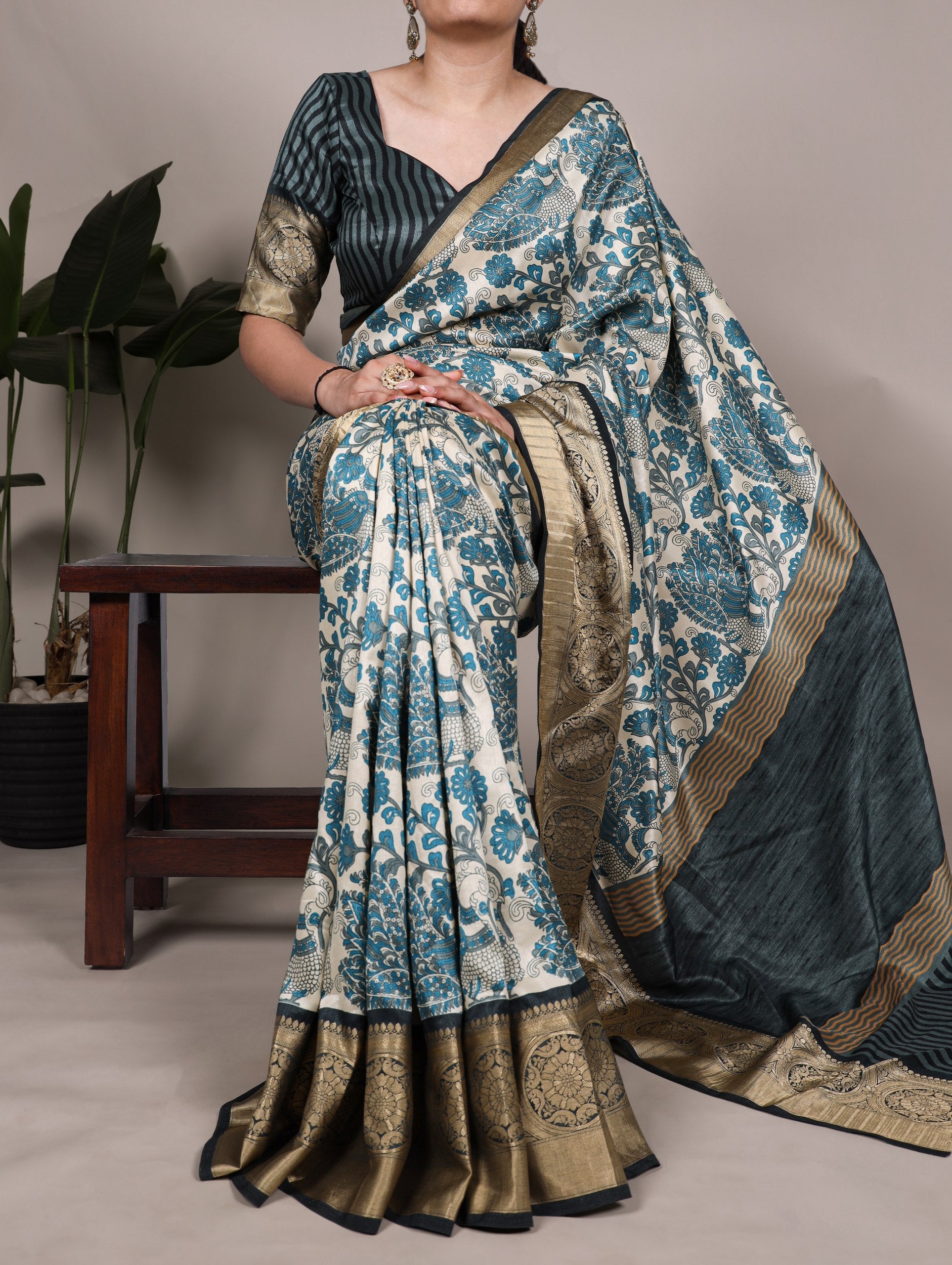 Sky Blue Elegant Tasar Silk Printed Saree with Viscose Border & Unstitched Blouse – 5.5 Meter Traditional Silk Saree