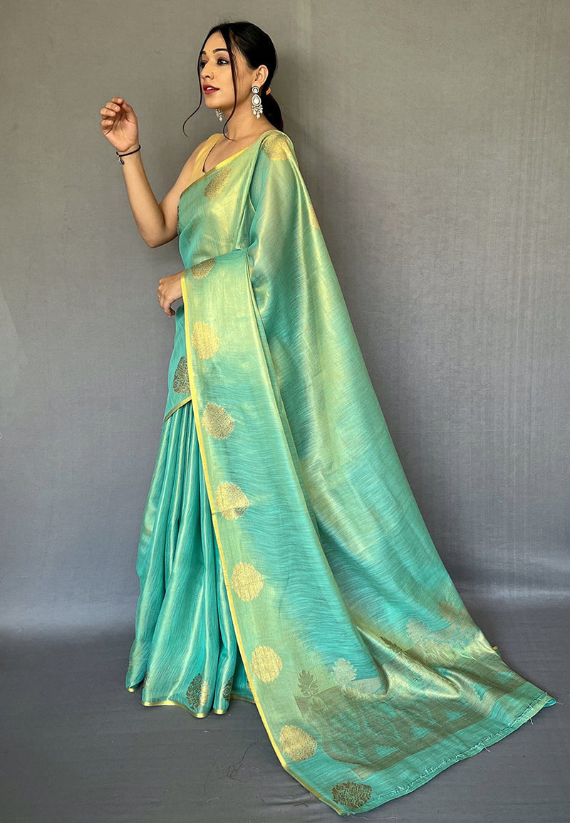 Sky Blue Elegant Woven Tissue Silk Saree with Gold Accents Party & Festive Wear