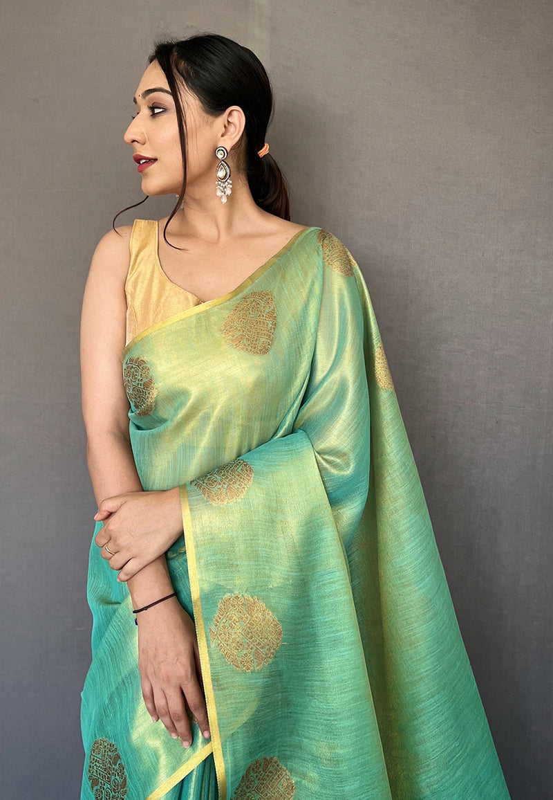 Sky Blue Elegant Woven Tissue Silk Saree with Gold Accents Party & Festive Wear