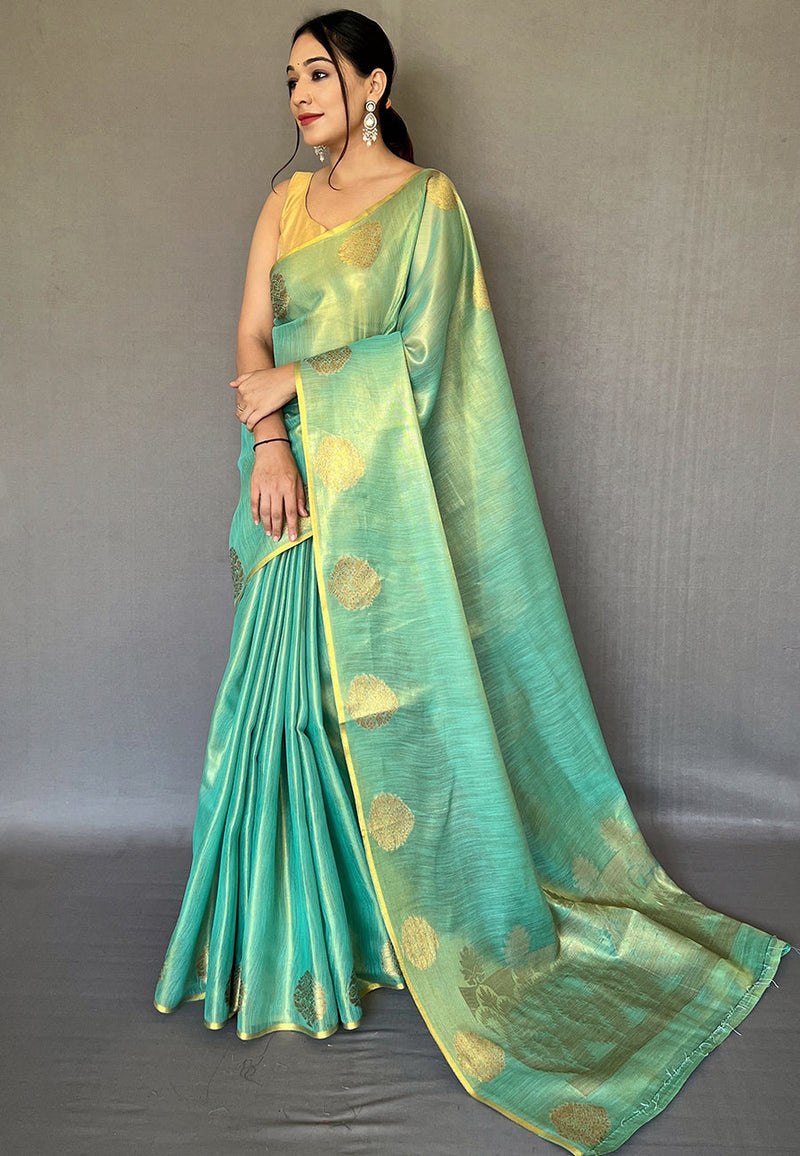 Sky Blue Elegant Woven Tissue Silk Saree with Gold Accents Party & Festive Wear