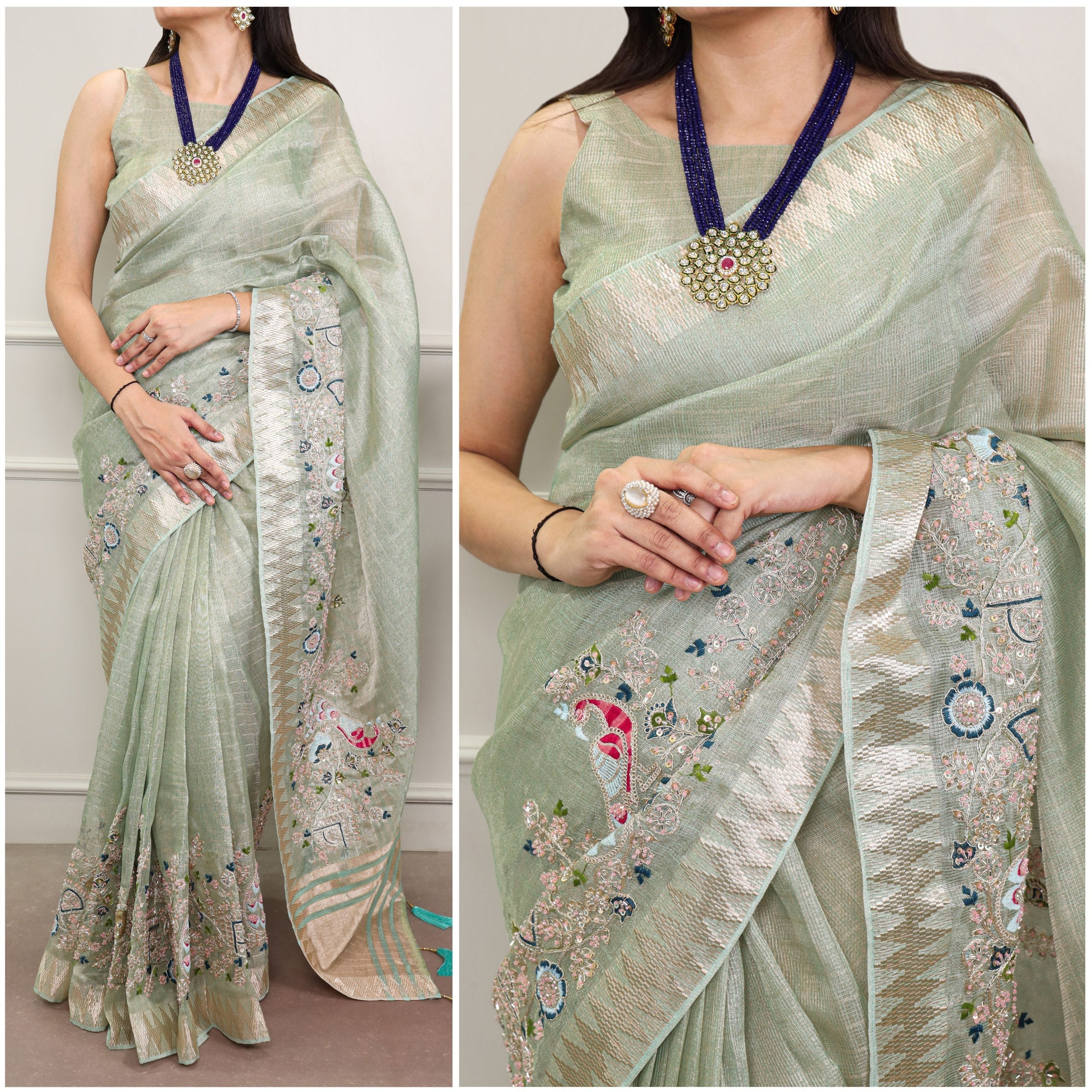 Sky Blue Elegant Zari Kota Tissue Saree with Embroidery Beads Work & Zari Weaving Border, Matching Unstitched Blouse – Festive & Traditional Wear
