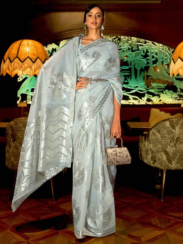 Sky Blue Banarasi Silk Unstitched Saree with Designer Border