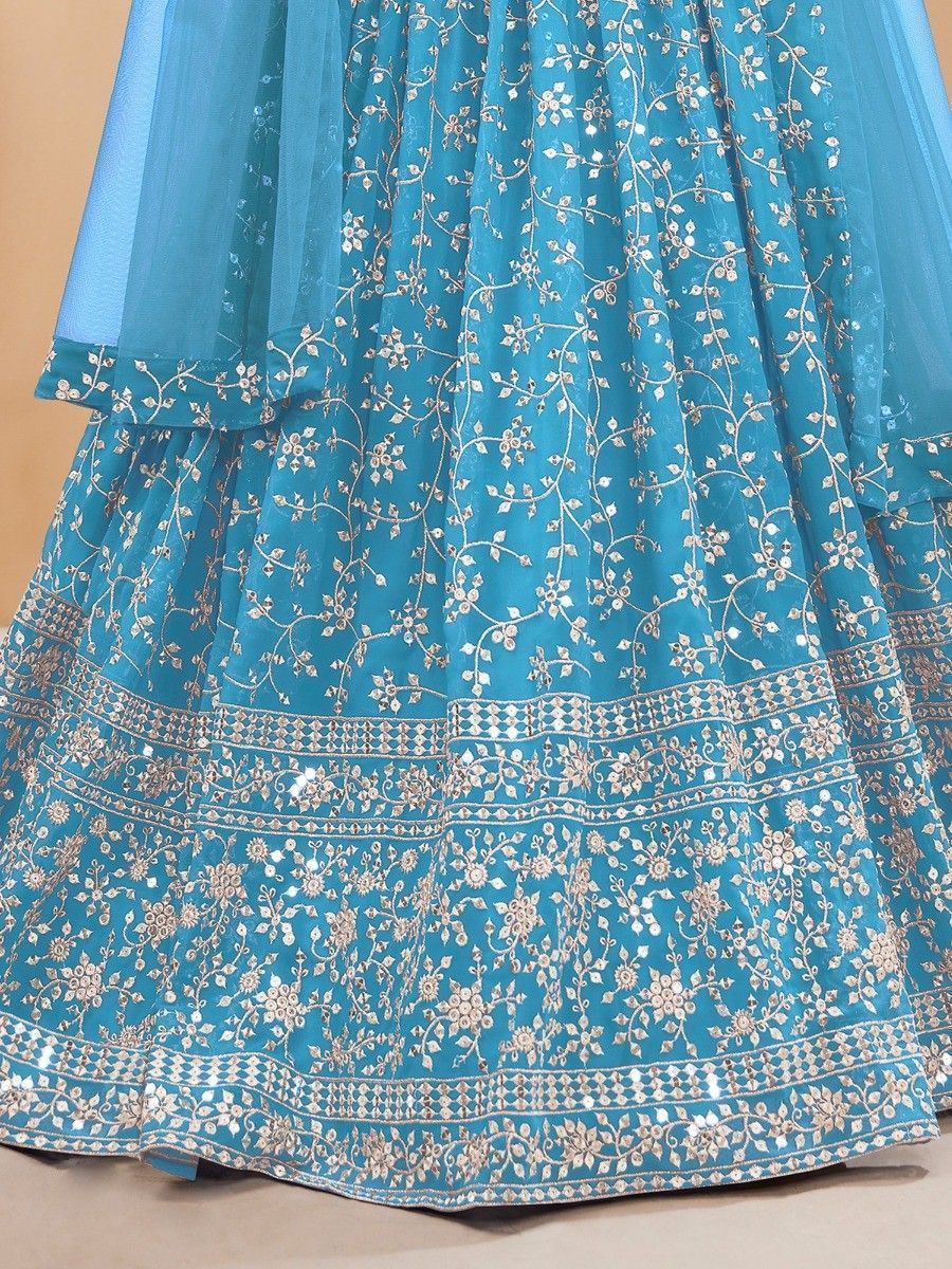Sky Blue Embroidered Georgette Reception Wear Lehenga Choli