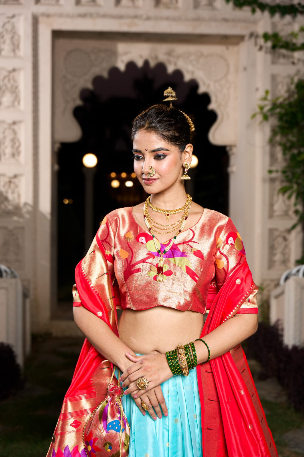 Sky Blue Exquisite Jacquard Silk Paithani Lehenga with Zari Weaving Work & Matching Batwa