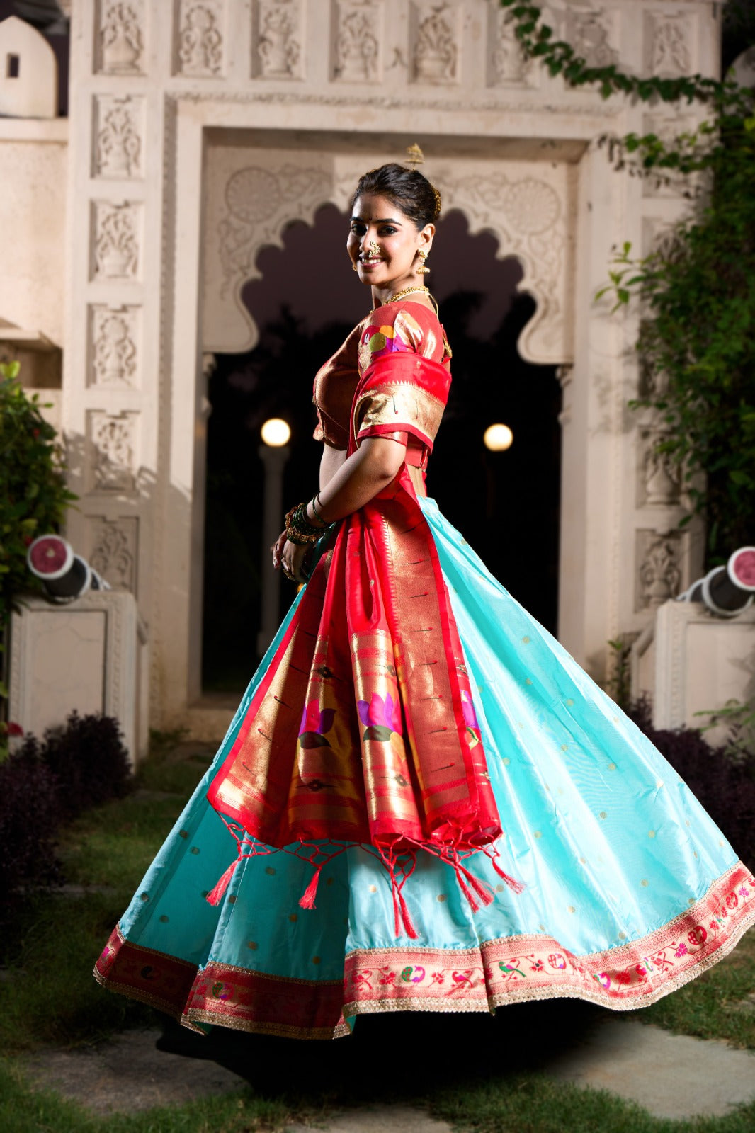 Sky Blue Exquisite Jacquard Silk Paithani Lehenga with Zari Weaving Work & Matching Batwa