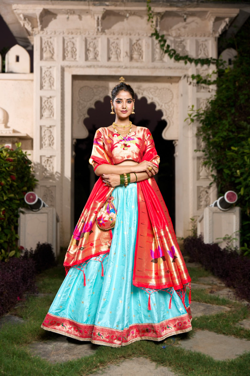 Sky Blue Exquisite Jacquard Silk Paithani Lehenga with Zari Weaving Work & Matching Batwa