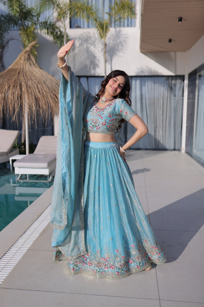 Sky Blue Fendi Silk Lehenga Choli