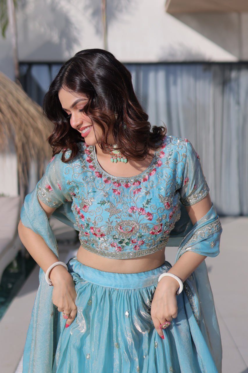 Sky Blue Fendi Silk Lehenga Choli