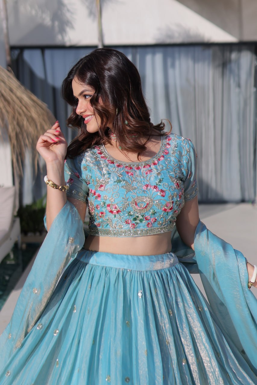 Sky Blue Fendi Silk Lehenga Choli