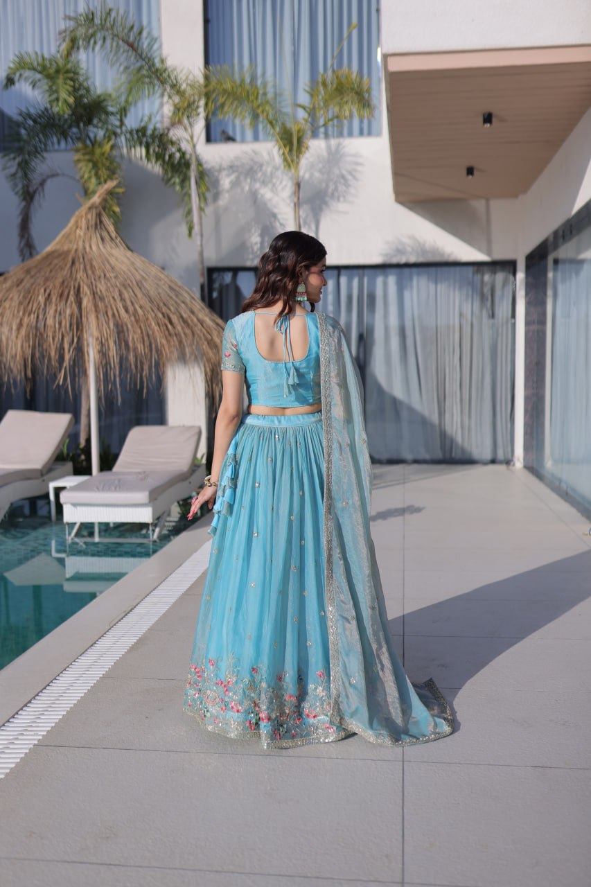 Sky Blue Fendi Silk Lehenga Choli