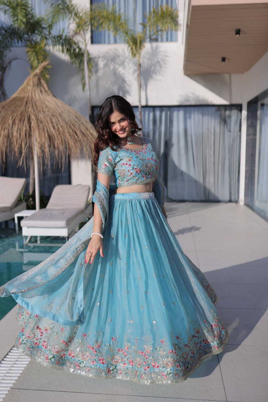 Sky Blue Fendi Silk Lehenga Choli