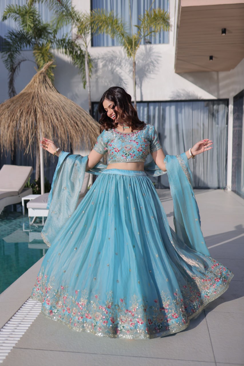 Sky Blue Fendi Silk Lehenga Choli