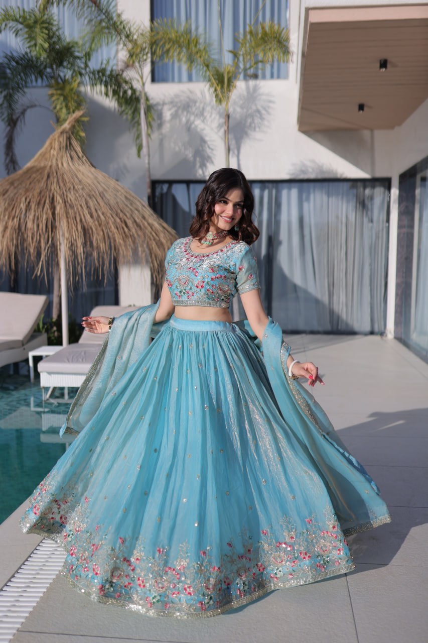 Sky Blue Fendi Silk Lehenga Choli