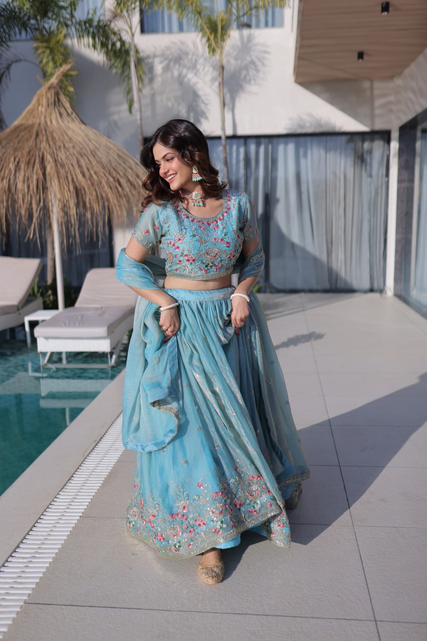 Sky Blue Fendi Silk Lehenga Choli