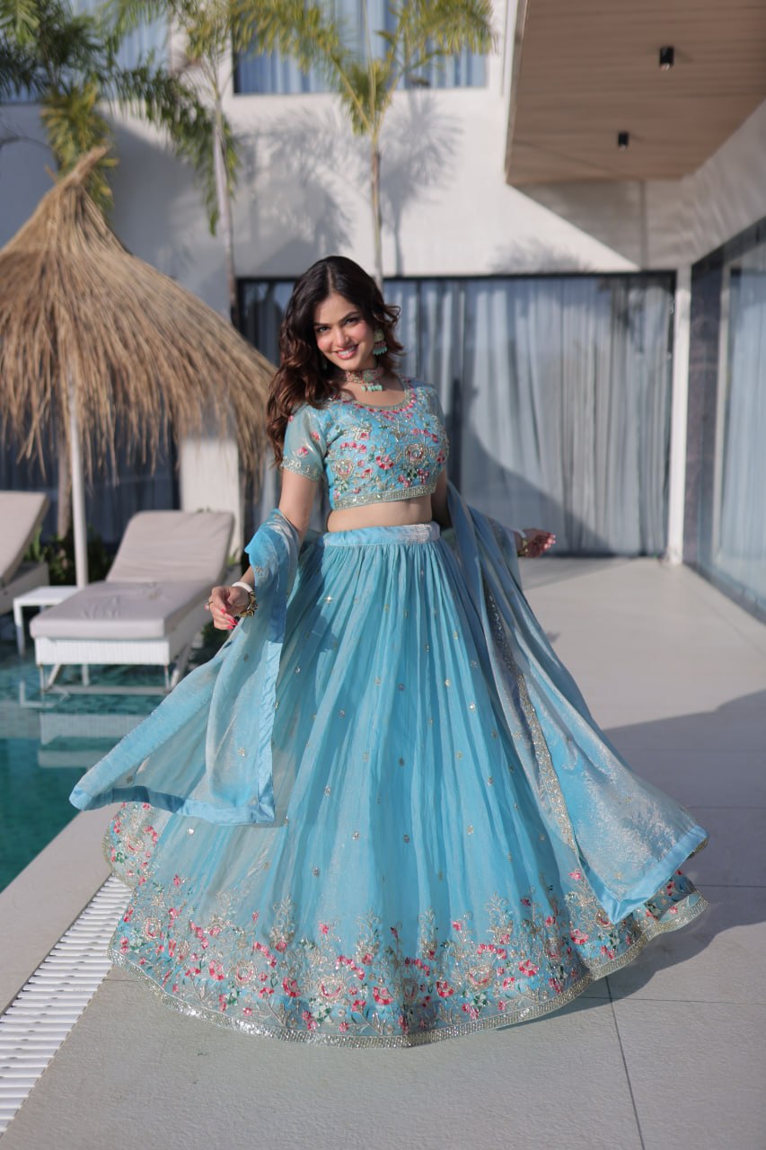 Sky Blue Fendi Silk Lehenga Choli