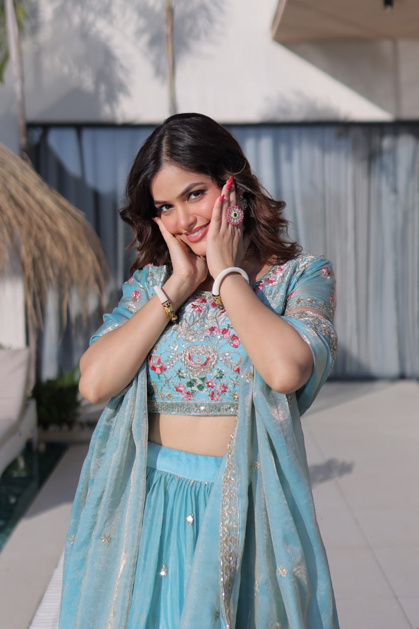 Sky Blue Fendi Silk Lehenga Choli
