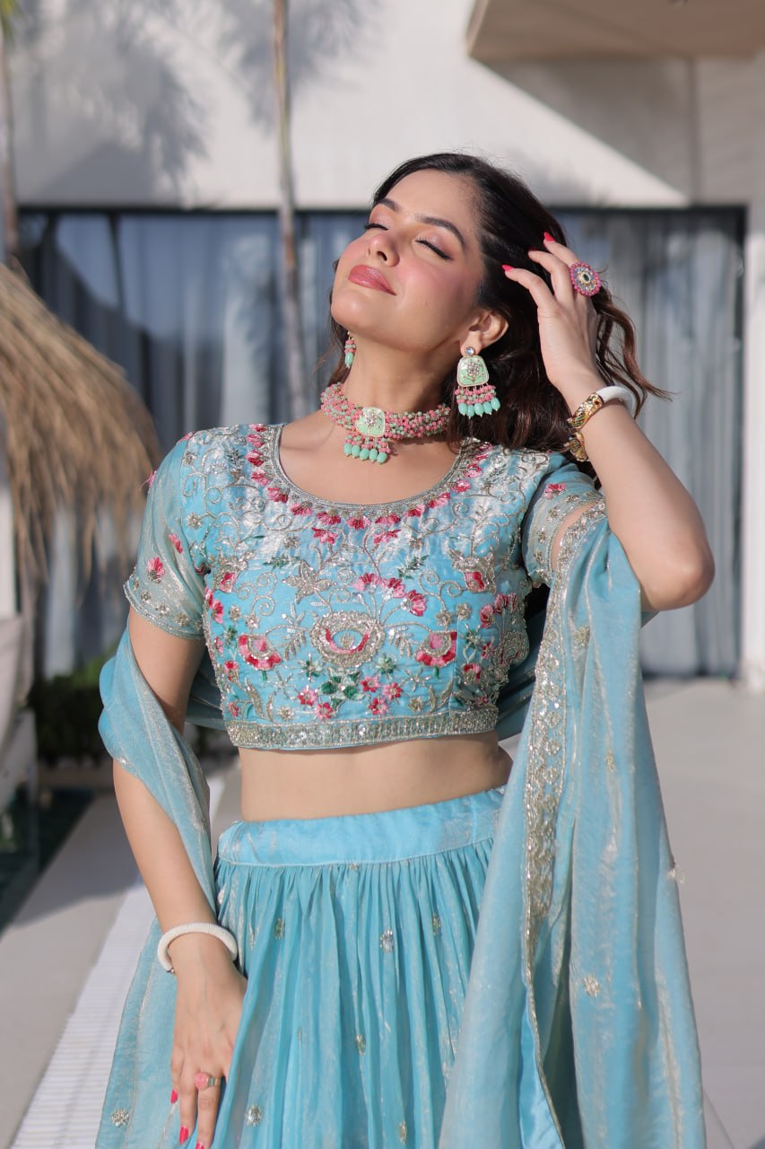 Sky Blue Fendi Silk Lehenga Choli