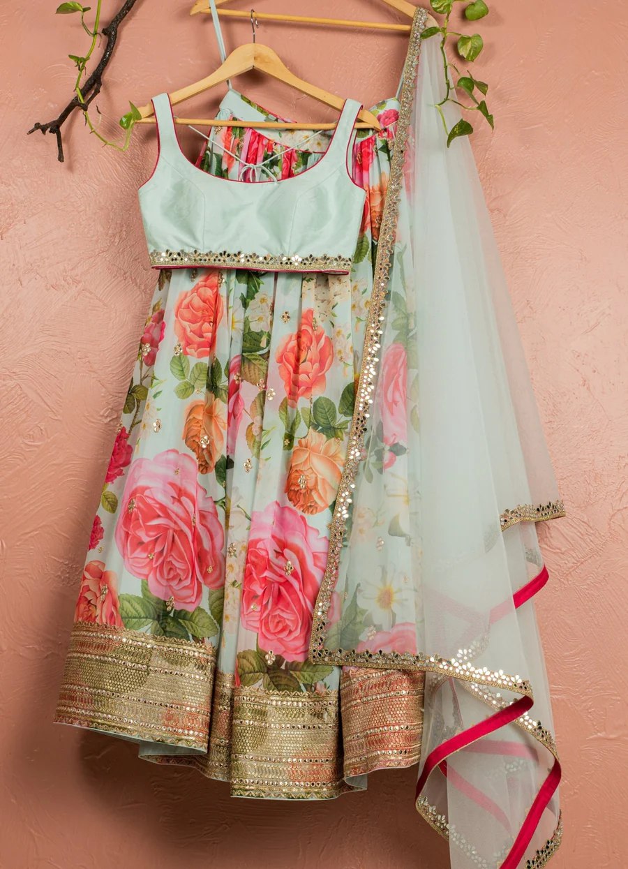 Sky Blue Floral Digital Printed Georgette Lehenga with Foil & Sequins, Art Silk Un-Stitched Blouse with Mirror Work, and Butterfly Net Dupatta – Semi-Stitched Ethnic Set