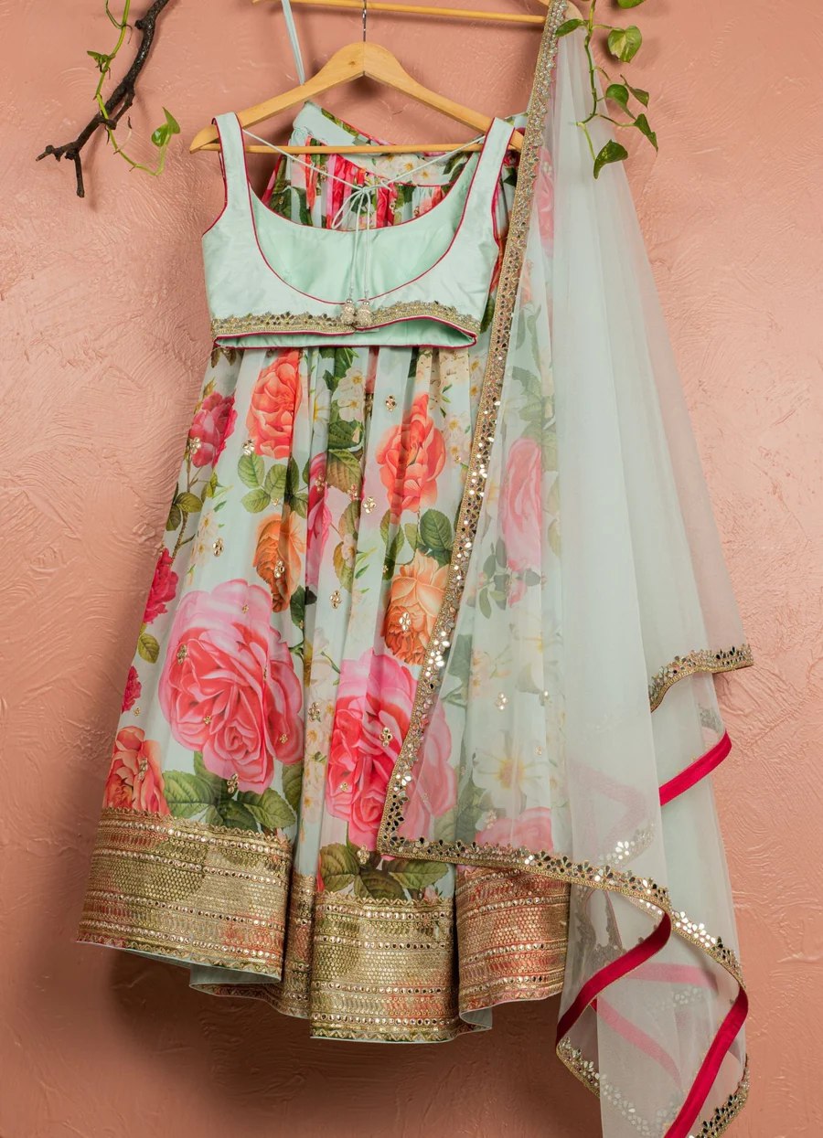 Sky Blue Floral Digital Printed Georgette Lehenga with Foil & Sequins, Art Silk Un-Stitched Blouse with Mirror Work, and Butterfly Net Dupatta – Semi-Stitched Ethnic Set