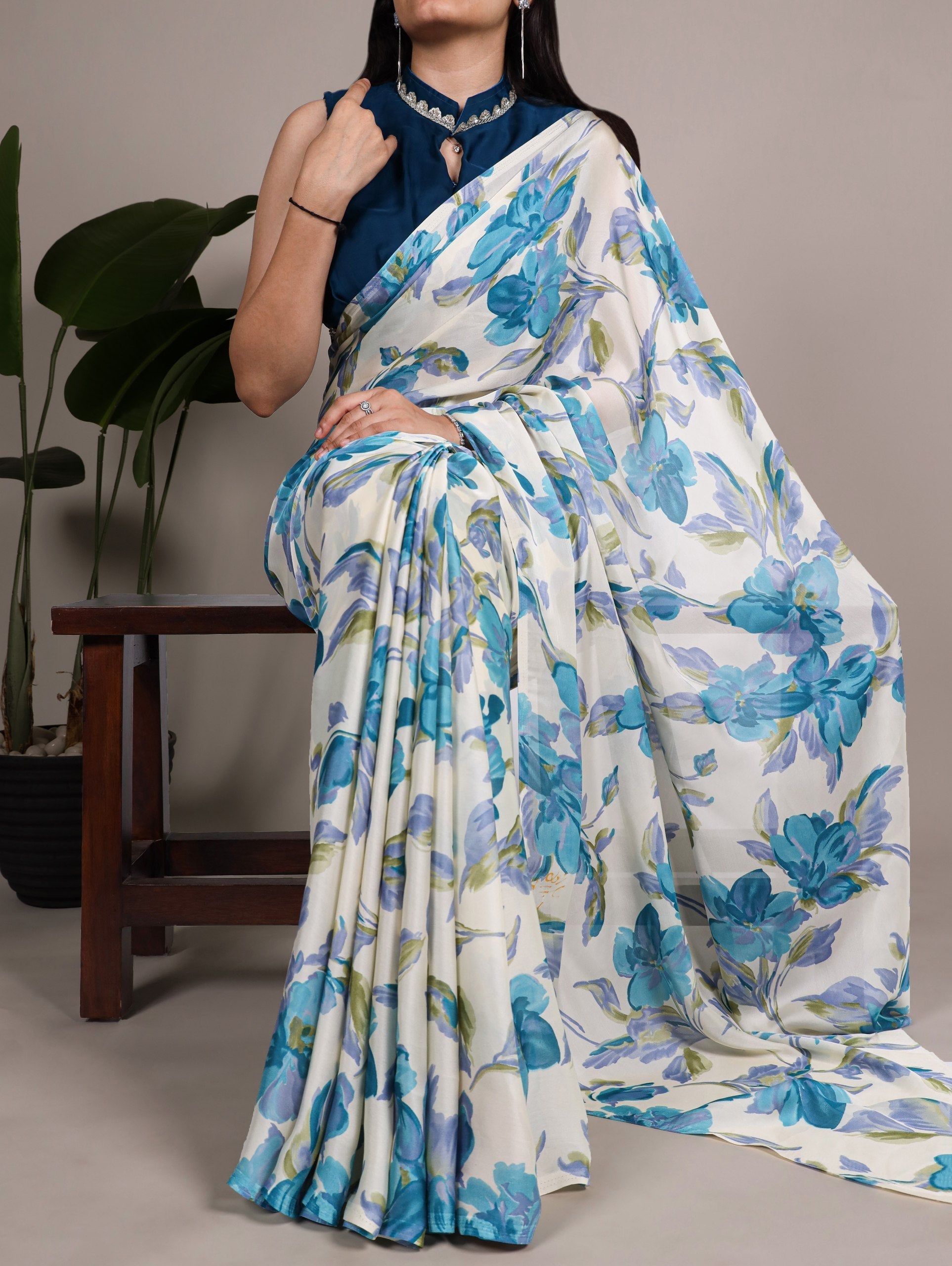 Sky Blue Floral Printed Satin Silk Saree with Fully Stitched Adjustable Natural Silk Blouse & Lace Detailing – Party & Festive Wear