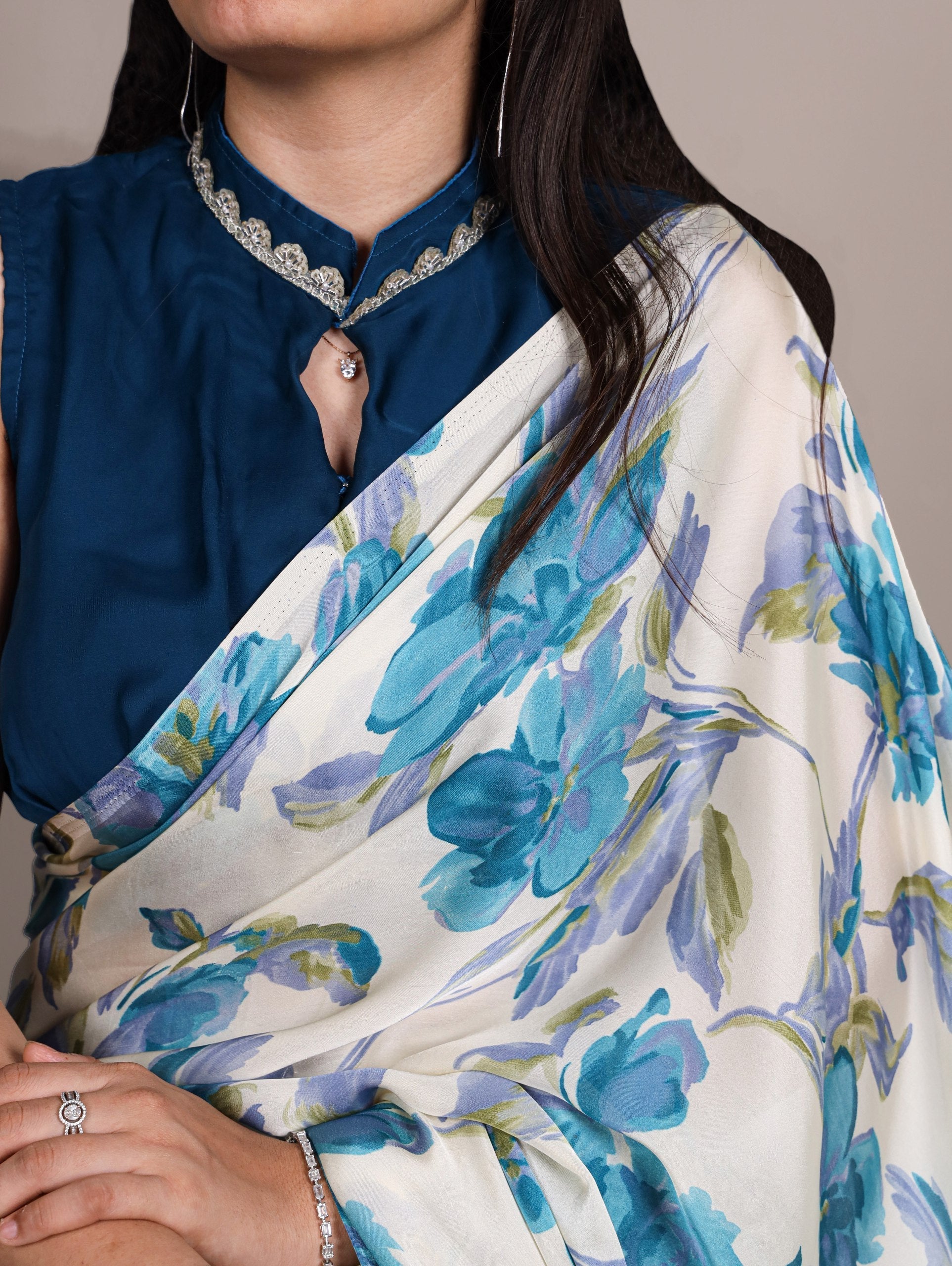 Sky Blue Floral Printed Satin Silk Saree with Fully Stitched Adjustable Natural Silk Blouse & Lace Detailing – Party & Festive Wear