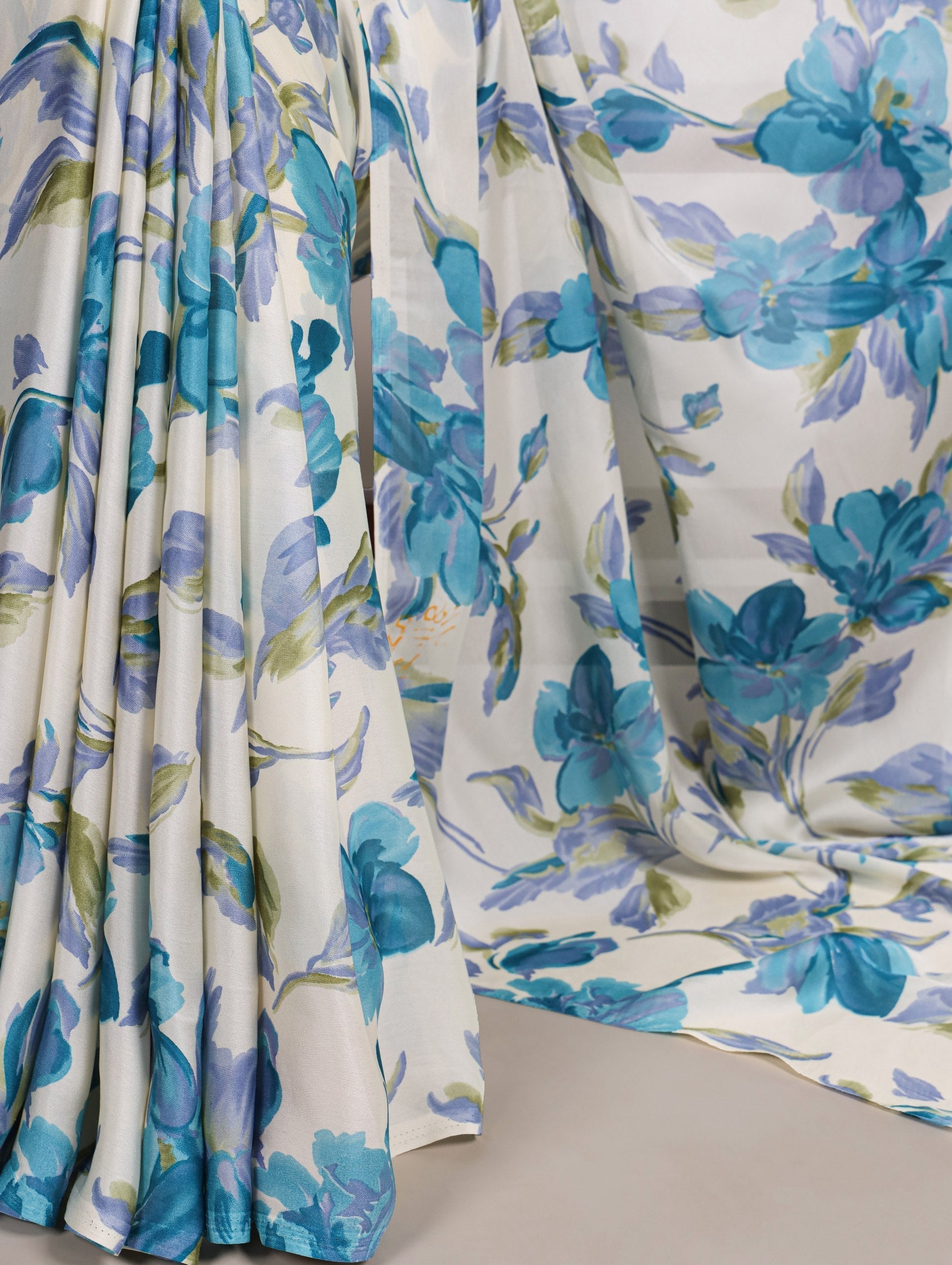 Sky Blue Floral Printed Satin Silk Saree with Fully Stitched Adjustable Natural Silk Blouse & Lace Detailing – Party & Festive Wear