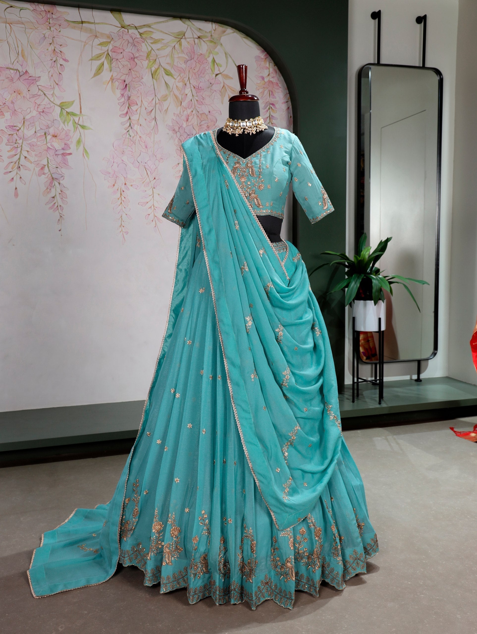 Sky Blue Georgette Embroidered Lehenga