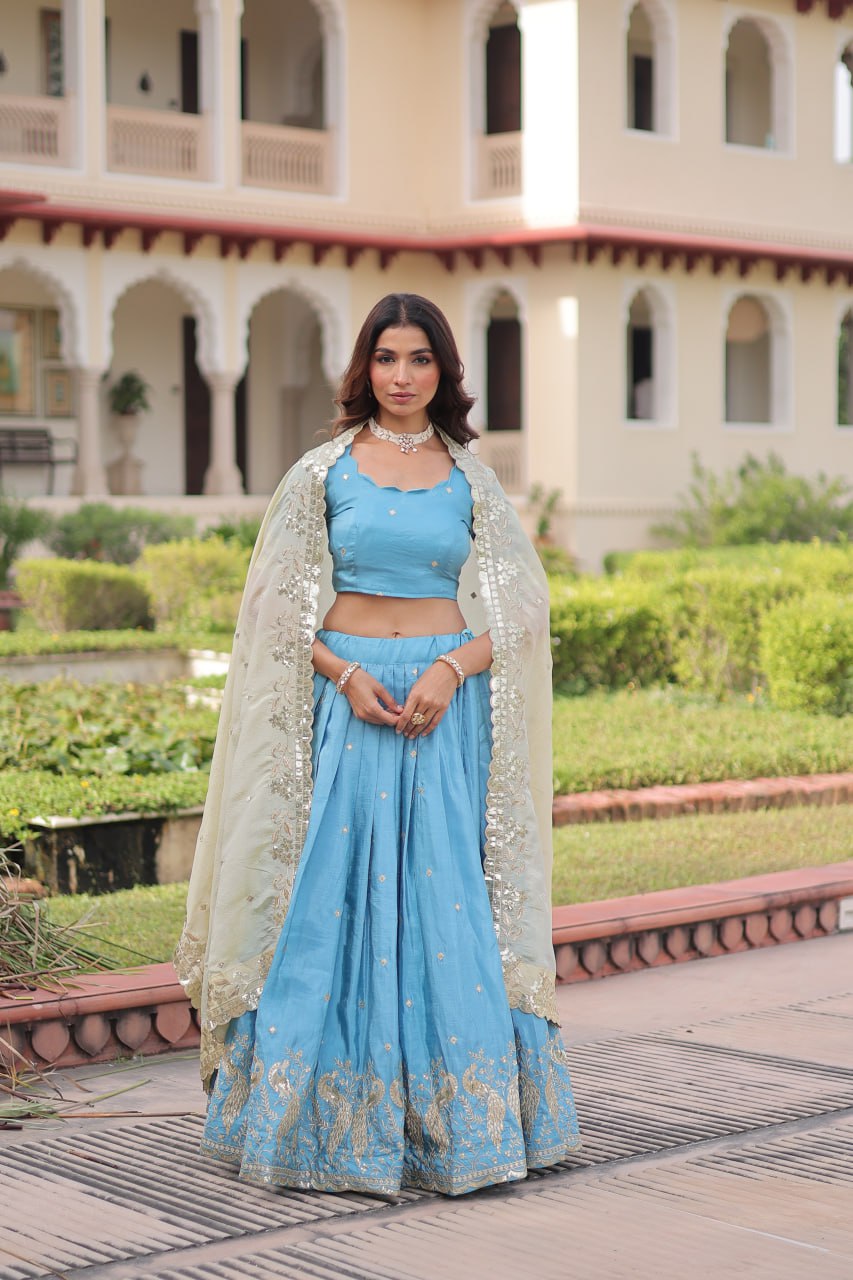 Sky Blue Gold Crush Sequins & Zari Embroidered Lehenga Set with 3-Meter Flair, Heavy Dupatta & Unstitched Designer Blouse – Fully Stitched Festive & Wedding Wear Ensemble