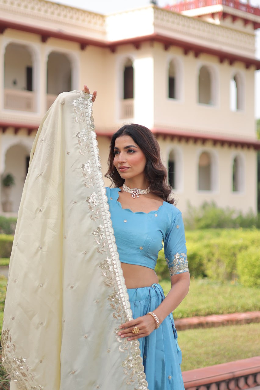 Sky Blue Gold Crush Sequins & Zari Embroidered Lehenga Set with 3-Meter Flair, Heavy Dupatta & Unstitched Designer Blouse – Fully Stitched Festive & Wedding Wear Ensemble