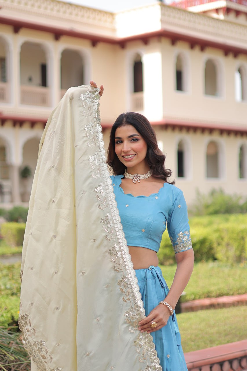 Sky Blue Gold Crush Sequins & Zari Embroidered Lehenga Set with 3-Meter Flair, Heavy Dupatta & Unstitched Designer Blouse – Fully Stitched Festive & Wedding Wear Ensemble
