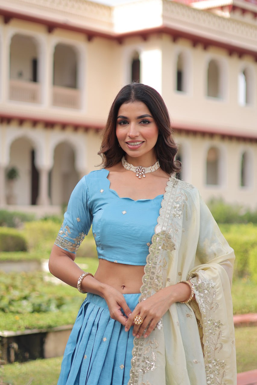 Sky Blue Gold Crush Sequins & Zari Embroidered Lehenga Set with 3-Meter Flair, Heavy Dupatta & Unstitched Designer Blouse – Fully Stitched Festive & Wedding Wear Ensemble