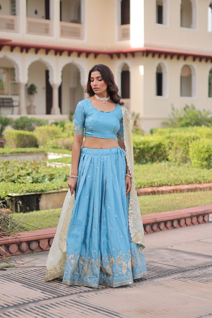 Sky Blue Gold Crush Sequins & Zari Embroidered Lehenga Set with 3-Meter Flair, Heavy Dupatta & Unstitched Designer Blouse – Fully Stitched Festive & Wedding Wear Ensemble