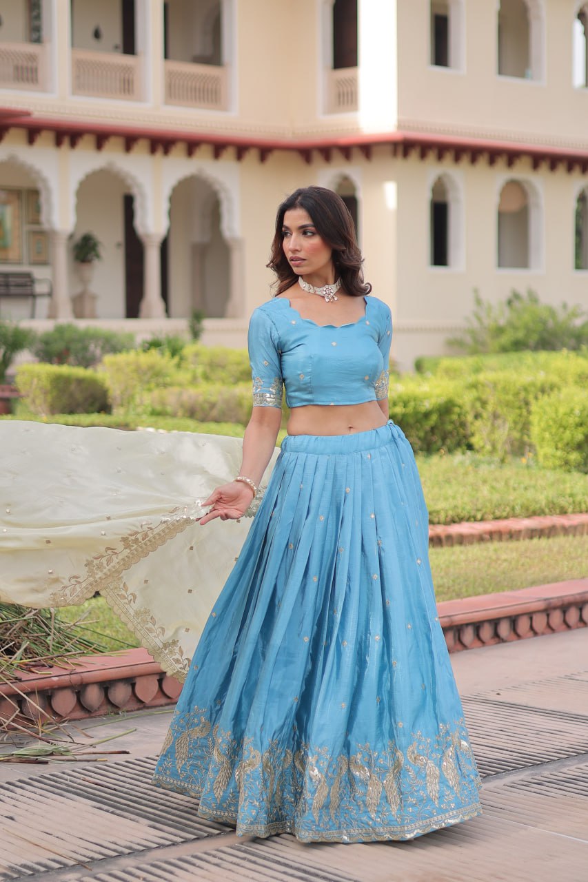 Sky Blue Gold Crush Sequins & Zari Embroidered Lehenga Set with 3-Meter Flair, Heavy Dupatta & Unstitched Designer Blouse – Fully Stitched Festive & Wedding Wear Ensemble