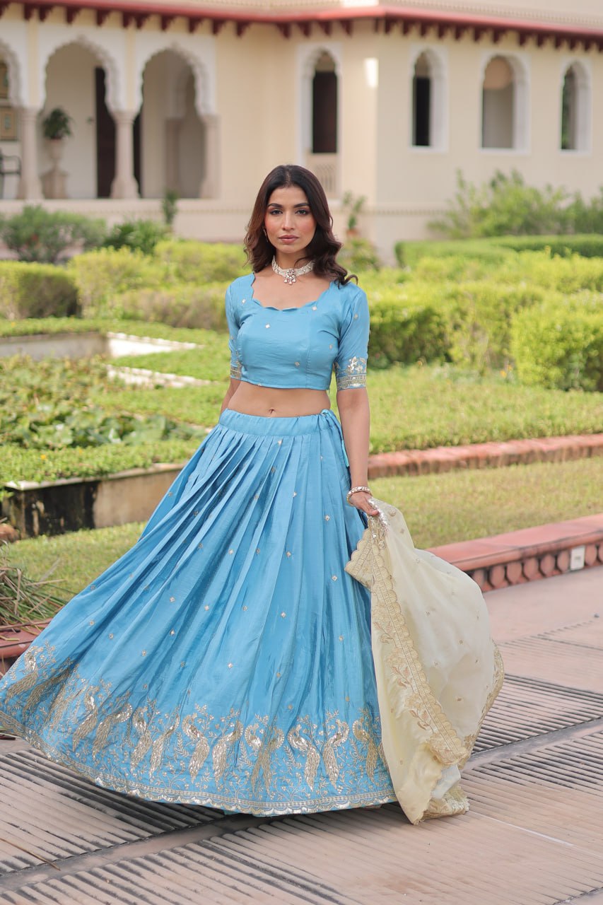 Sky Blue Gold Crush Sequins & Zari Embroidered Lehenga Set with 3-Meter Flair, Heavy Dupatta & Unstitched Designer Blouse – Fully Stitched Festive & Wedding Wear Ensemble