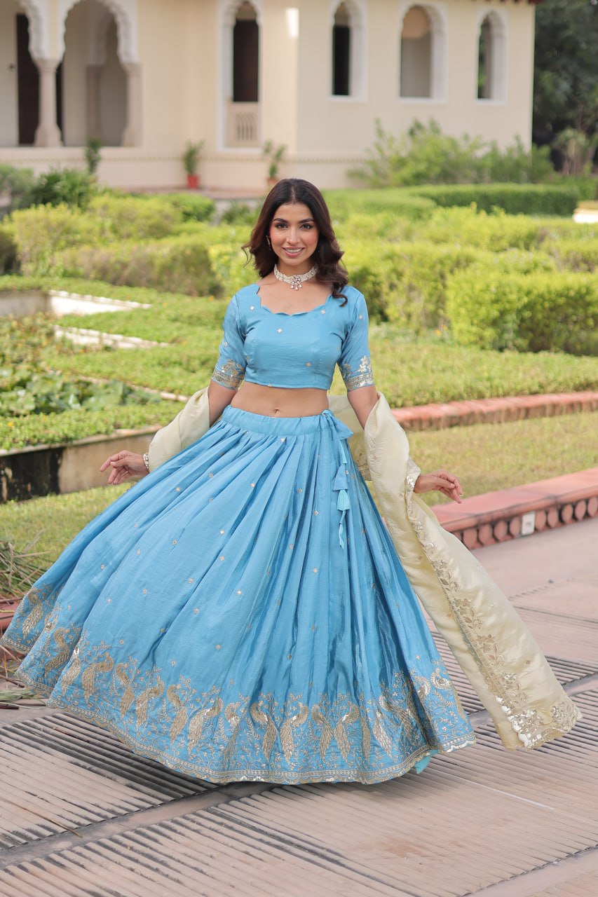 Sky Blue Gold Crush Sequins & Zari Embroidered Lehenga Set with 3-Meter Flair, Heavy Dupatta & Unstitched Designer Blouse – Fully Stitched Festive & Wedding Wear Ensemble