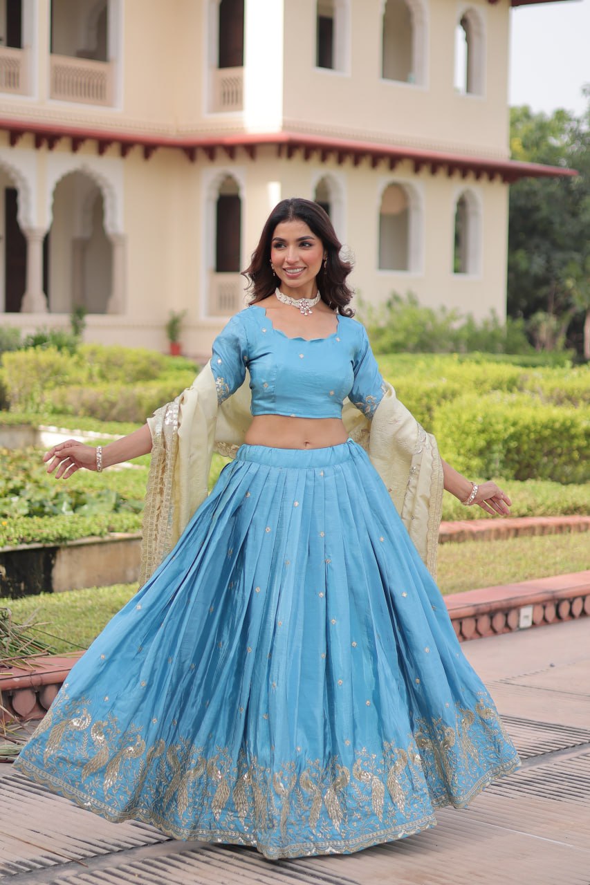 Sky Blue Gold Crush Sequins & Zari Embroidered Lehenga Set with 3-Meter Flair, Heavy Dupatta & Unstitched Designer Blouse – Fully Stitched Festive & Wedding Wear Ensemble