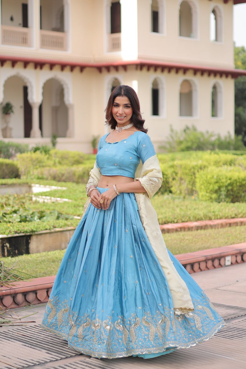 Sky Blue Gold Crush Sequins & Zari Embroidered Lehenga Set with 3-Meter Flair, Heavy Dupatta & Unstitched Designer Blouse – Fully Stitched Festive & Wedding Wear Ensemble