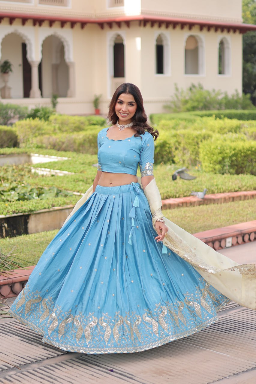 Sky Blue Gold Crush Sequins & Zari Embroidered Lehenga Set with 3-Meter Flair, Heavy Dupatta & Unstitched Designer Blouse – Fully Stitched Festive & Wedding Wear Ensemble