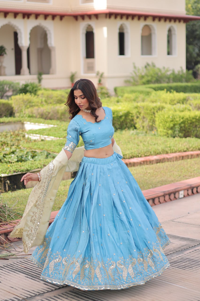 Sky Blue Gold Crush Sequins & Zari Embroidered Lehenga Set with 3-Meter Flair, Heavy Dupatta & Unstitched Designer Blouse – Fully Stitched Festive & Wedding Wear Ensemble