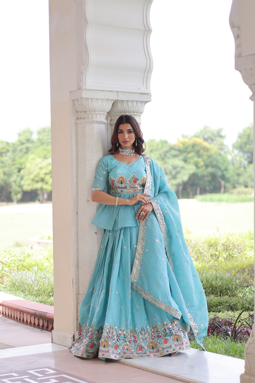 Sky Blue Golden Luxe Fully-Stitched Embroidered Lehenga Set with Heavy Sequin Dupatta