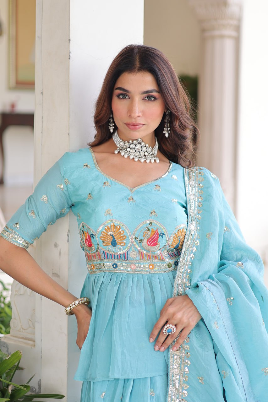 Sky Blue Golden Luxe Fully-Stitched Embroidered Lehenga Set with Heavy Sequin Dupatta