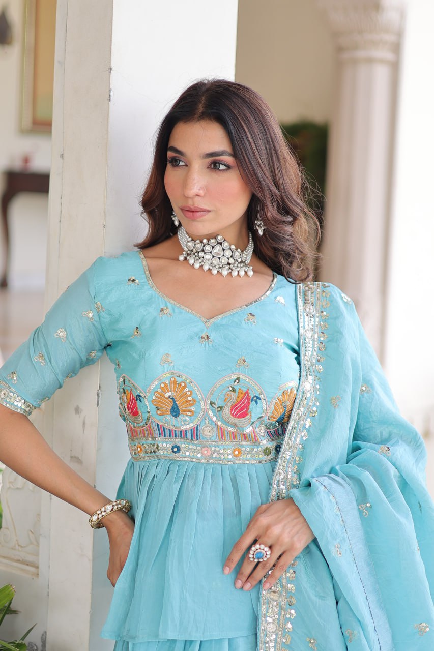 Sky Blue Golden Luxe Fully-Stitched Embroidered Lehenga Set with Heavy Sequin Dupatta