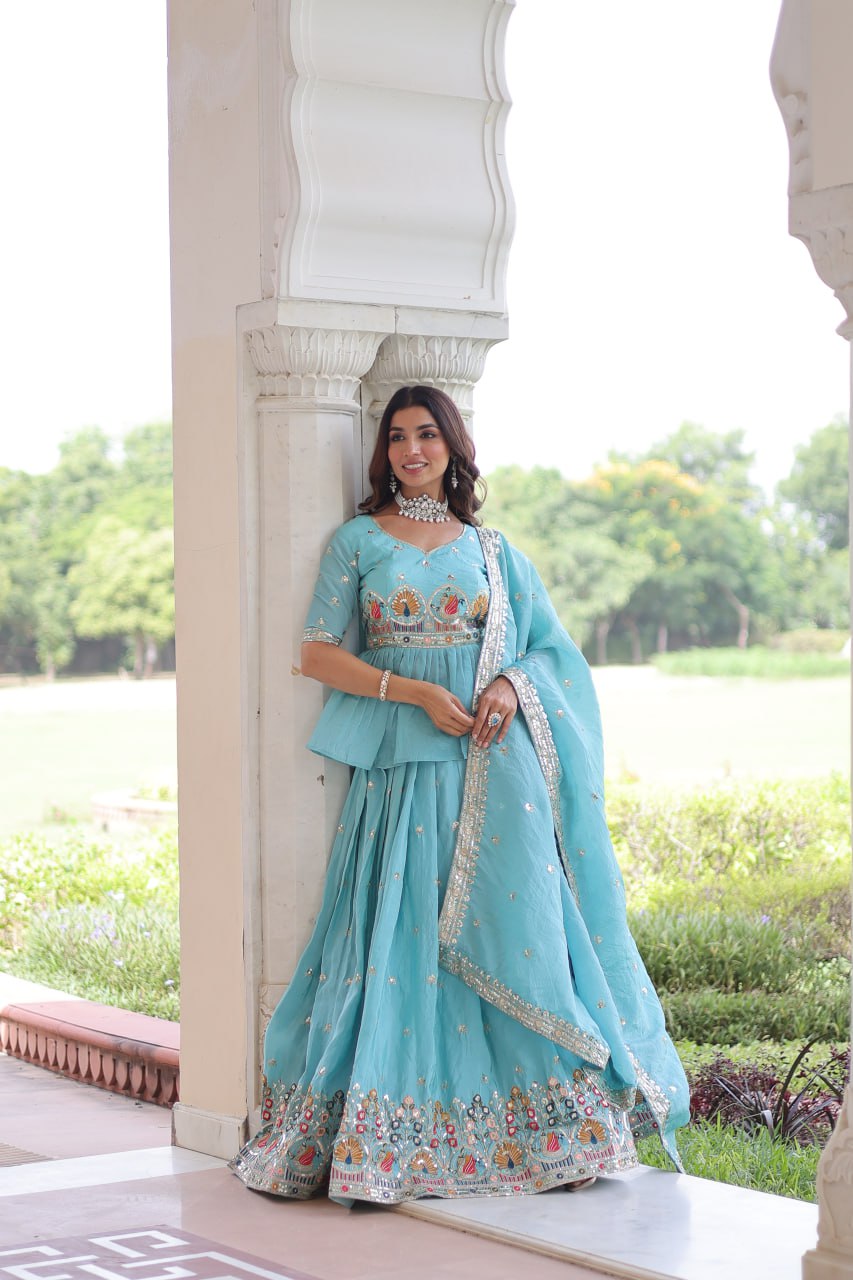 Sky Blue Golden Luxe Fully-Stitched Embroidered Lehenga Set with Heavy Sequin Dupatta