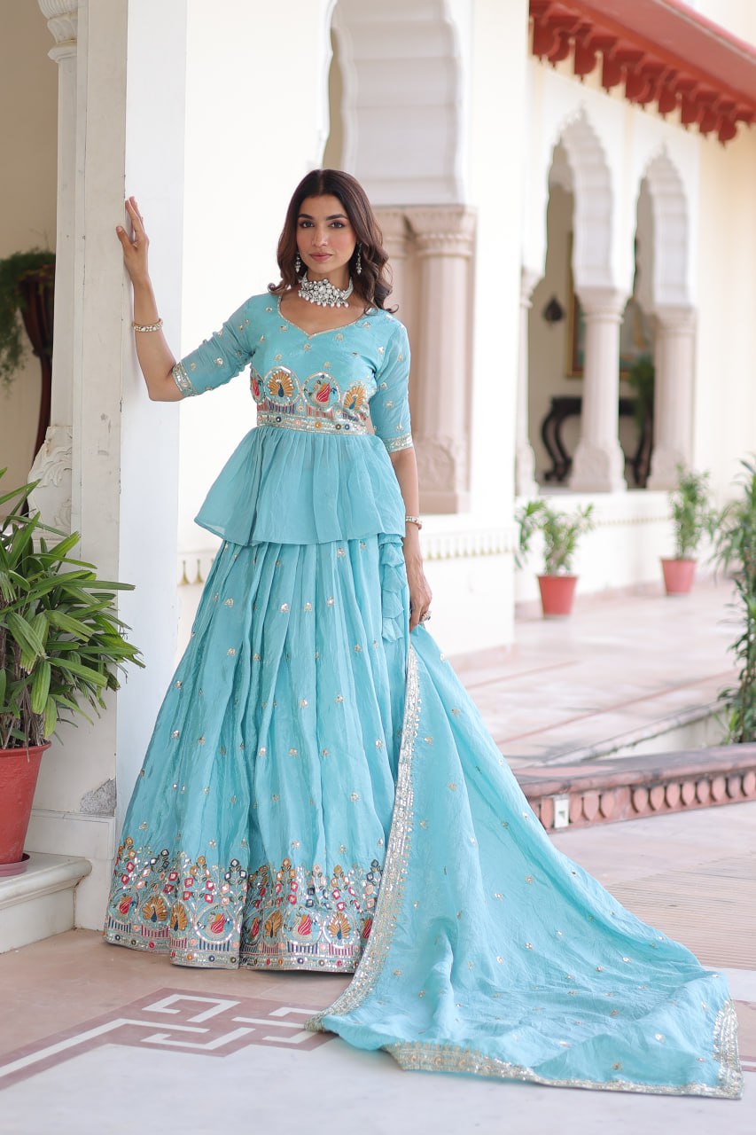Sky Blue Golden Luxe Fully-Stitched Embroidered Lehenga Set with Heavy Sequin Dupatta