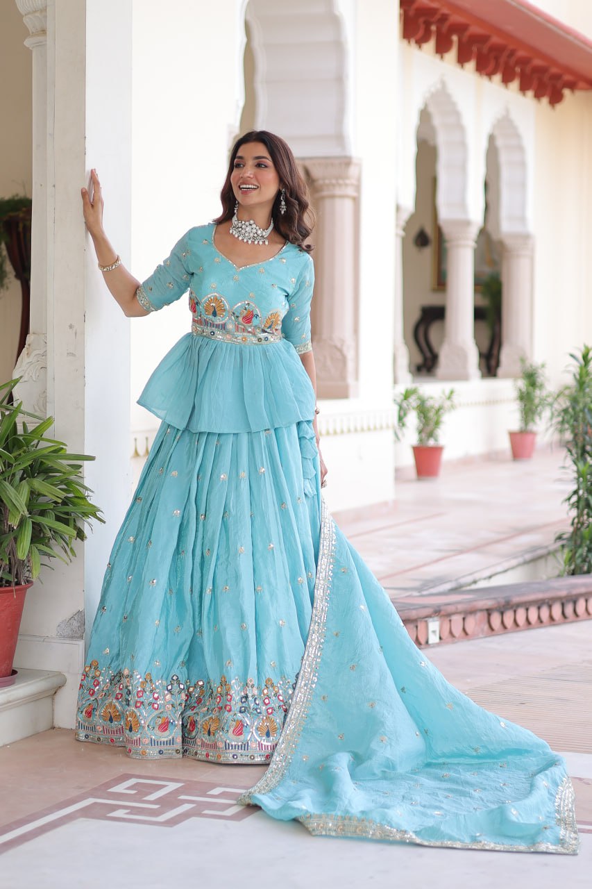 Sky Blue Golden Luxe Fully-Stitched Embroidered Lehenga Set with Heavy Sequin Dupatta