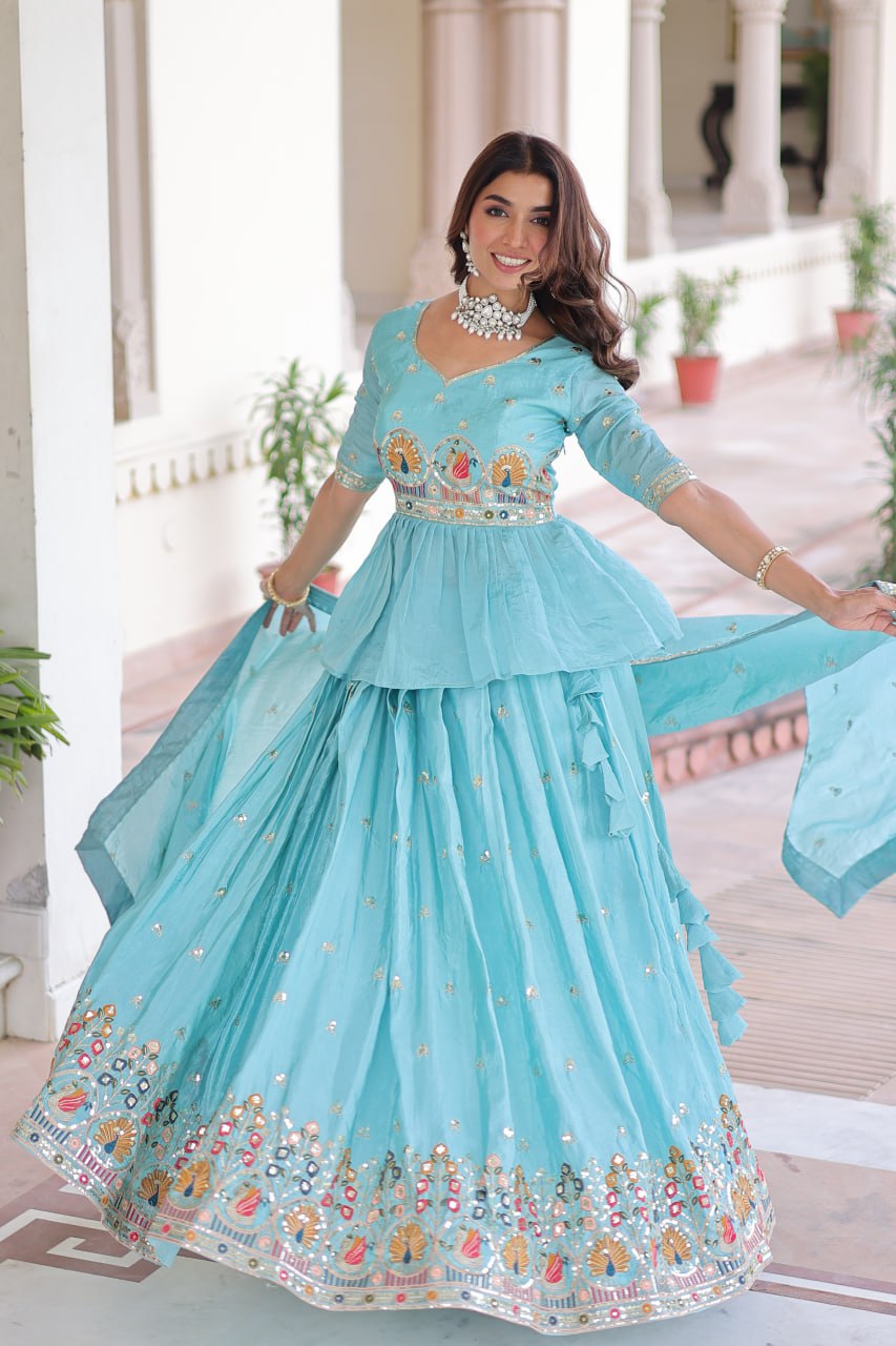 Sky Blue Golden Luxe Fully-Stitched Embroidered Lehenga Set with Heavy Sequin Dupatta